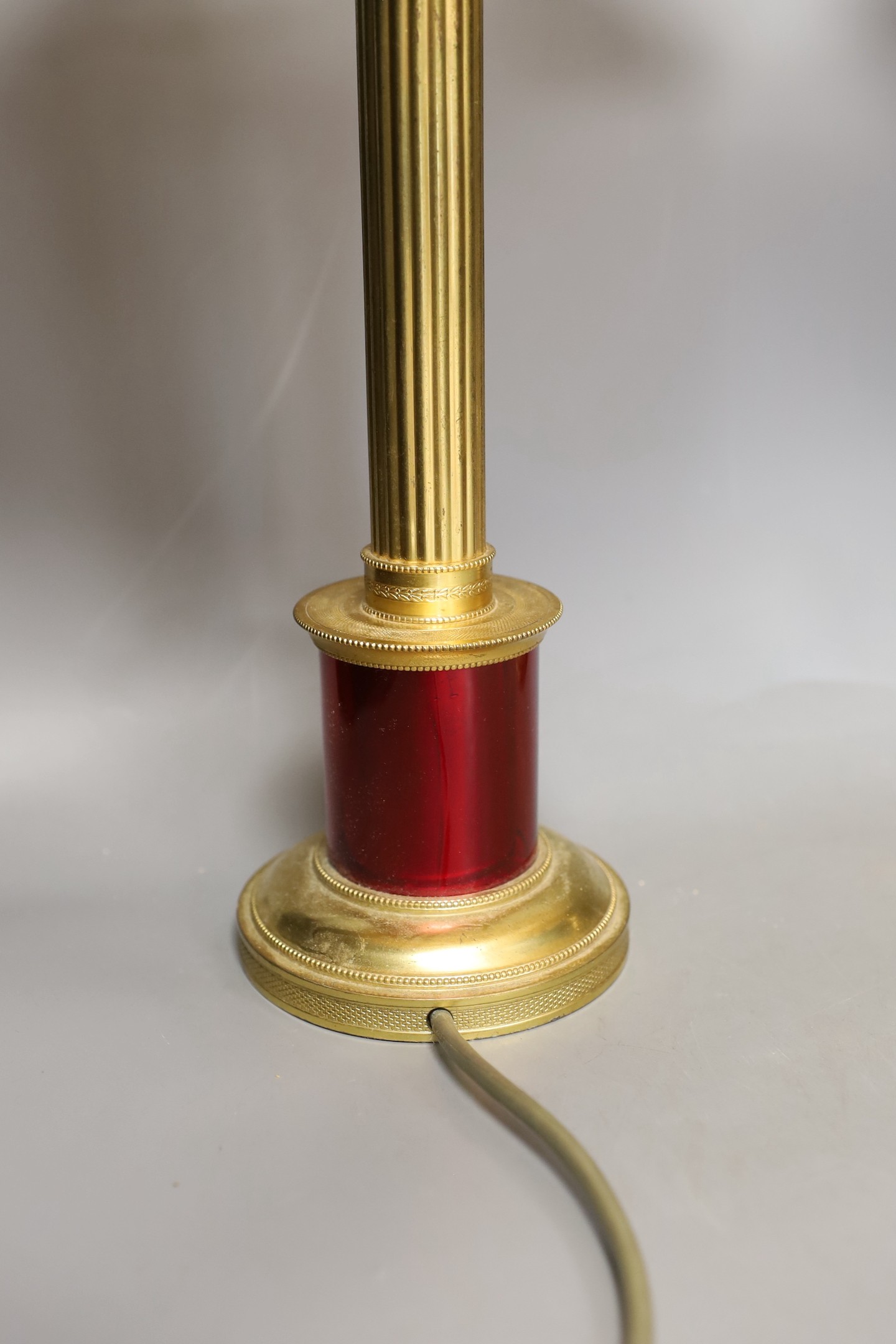 A pair of gilt brass desk lamps and shades, 49cm total